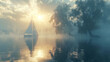 A lone sailboat on a misty lake