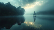 A Lone Sailboat On A Misty Lake