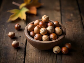 Wall Mural - A bunch of hazelnuts gathered on an old wooden table, embodying the earthy tones of autumn, generative AI