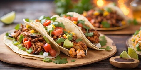 Wall Mural - Traditional mexican tacos with beef and vegetables on wooden background.