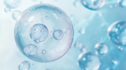 Poster - transparent cells floating on a light blue background, surrounded by small cells and bubbles