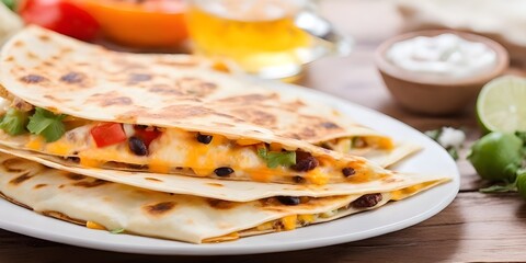 Wall Mural - Mexican quesadilla with vegetables and cheese on wooden background