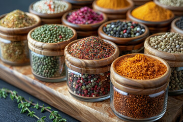 Wall Mural - A wooden spice rack meticulously organized with an assortment of piquant seasonings, exemplifying the art of culinary curation. Concept of well-arranged spice storage. Generative Ai.