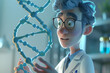 3D senior scientist with DNA molecule model in a lab