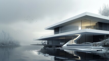 Poster - a house on a lake and a foggy sky