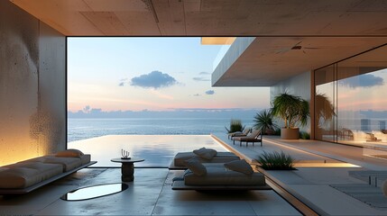 Poster - A large open living room with a view of the ocean