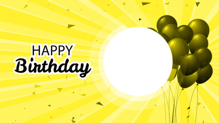 Yellow happy birthday illustration with 3d realistic air balloon and has space for picture (photo) with abstract background with text and glitter confetti, Happy Birthday text for Social Media banner