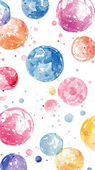 Wall Mural - Colorful watercolor bubbles floating on white background with paint splatters.