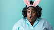 Shocked Overweight Black Woman Wearing A Bunny Hat For Easter Day With Blue Background 