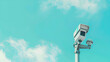 camera for security purposes ,IP Camera on the wall. security camera on the wall ,CCTV security cameras on pole on blue sky with white clouds background
