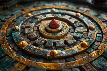 Poster - A quaternity of ancient symbols converging in an intricate mandala, representing the stability and foundation inherent in the number four. Concept of foundational symbolism. Generative Ai.