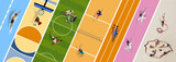Fototapeta Mapy - Creative colorful collage. Aerial view on athletes of different sports training, competing on different sports backgrounds, arenas. Concept of sport, creativity, competition, tournament.