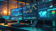 A professional trading workstation with multiple screens displaying extensive stock market data and graphs