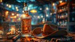 bottle of whiskey in a bar next to a cowboy hat and lit cigarettes in high resolution and high quality HD