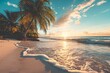 This image showcases a serene beach scene with the golden sunlight casting a warm glow over palm trees