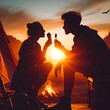 Happy man woman couple silhouette eating ice-cream at sunset with campfire,  summer concept