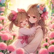 Anime illustration of happy daughter  hugging mom in pink carnations garden, mother's day concept