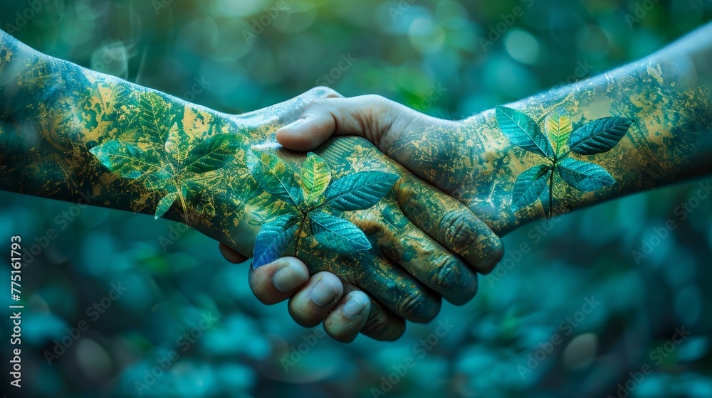 Two hands shaking in a green forest. Concept of unity and harmony ...