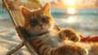 Vacationing cute cat with sunglasses on sunny beach, Summer day by the sea, Generative AI
