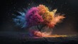 A tree made of colorful dust on a black background starts to be blown away by the wind