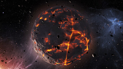 Wall Mural - 3d rendering- dying planet with asteroids in deep space cinematic view of dead planet