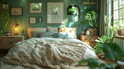 Wall Mural - A bedroom with a green wall and a white bed with a white blanket