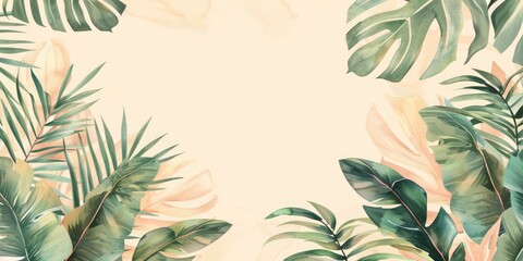 a pastel peach and green watercolor tropical leaves border on beige background, flat design