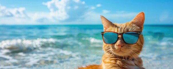 Wall Mural - relaxing cat on the beaches of a wonderful ocean, carrying stylish sunglasses, summer day