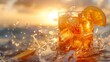a classic Aperol spritz on a sunny orange background, with a slice of orange and a splash of sparkling Prosecco, in cinematic 8k full ultra HD.