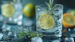 a classic gin and tonic on a sophisticated navy blue background, with a wedge of lime and a sprig of fresh rosemary, in breathtaking 8k full ultra HD.