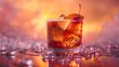 a classic old-fashioned on a deep amber background, with a twist of orange peel and a maraschino cherry, in breathtaking 8k resolution.