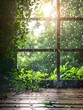 © Artsaba Family - Rain showers envelop a zen garden scene, with the sun breaking through to cast a mystical glow on verdant foliage and the wet wooden deck.
