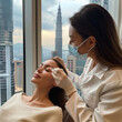 A cosmetician performs a cosmetic procedure on a woman's face against the silhouette of a city