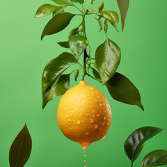 a lemon with its leaves hanging on a green background, in the style of light orange and dark emerald сreated with Generative Ai