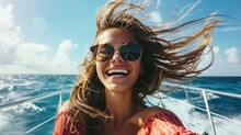 Girl On A Ship With Her Hair Being Blown Up By The Wind And Wearing Big Sunglasses.