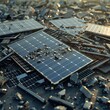 Scene depicting the process of dismantling solar panels for component recovery and recycling, 3D illustration
