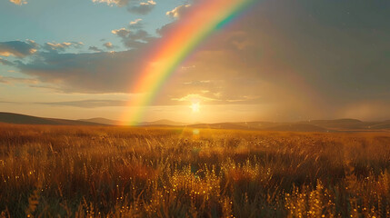  A rainbow stretching across a field after a summer rain