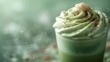 a frothy matcha latte on a serene jade green background, with a sprinkle of matcha powder and a swirl of foam, in breathtaking 8k resolution.