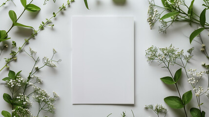 Wall Mural - A white sheet of paper on a background of wildflowers. Wedding invitation. Blank Sheet with White Flowers