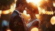 Romantic bride and groom dancing in soft light, detailed wedding dress highlighted with bokeh effect