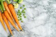 Fresh Carrots and Peas on Marble Background. Top View of Natural Raw Root Vegetables