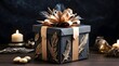 A romantic, opulent ambiance is created by crafting a present box with a dark background and embellishing it with feathers and a textured bow. gifts for anniversaries and birthdays, 