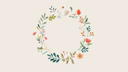 Canvas Print - Illustration of Hand-drawn wreath featuring cute elements such as flowers and leaves