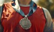 Close-up of a gold medal on a blue jacket