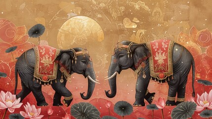 Sophisticated card with elephants in festive attire among lotus flowers, ancient Sinhalese symbols, and a golden sun for New Year prosperity.