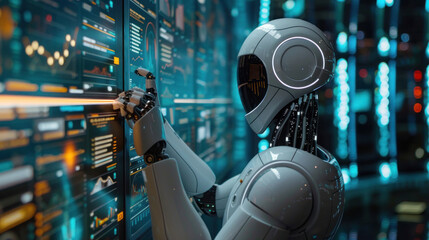 An advanced white robot adjusts settings on a digital touchscreen with graphs and metrics