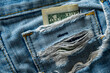 American one dollars in a ripped old jeans pocket, closeup. The concept of crisis, poverty