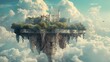 A castle is floating in the sky above a lush green forest. The castle is surrounded by trees and has a castle-like appearance. The sky is filled with clouds, giving the scene a dreamy