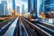 Modern train moving through futuristic city with skyscrapers in the background