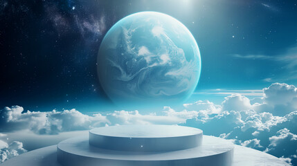 Wall Mural - Empty white podium in front of massive blue planet on cloudy starry sky background for product presentation